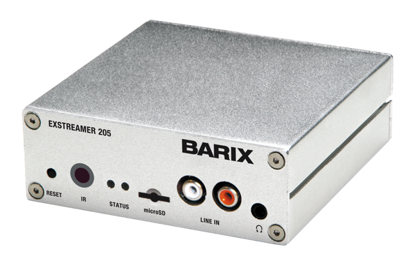 Barix Exstreamer-205:  IP-Audio Decoder with built-in amplifier, Micro SD slot, and Line-Input for playback of local sources.